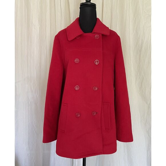 J Jill Womens Red Wool Blend Peacoat Jacket Med Classic Double Breasted Winter - Picture 2 of 8